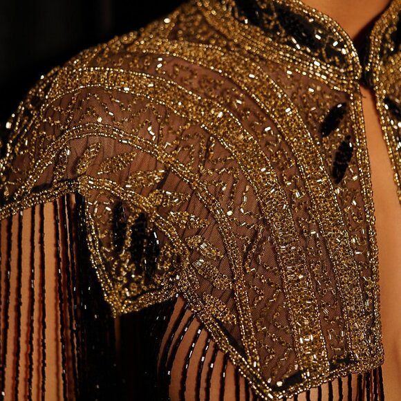Black Gold Beaded Fringe Cape, Sequin Festival Bolero, Luxury Embellished Shawl - Picture 9 of 12